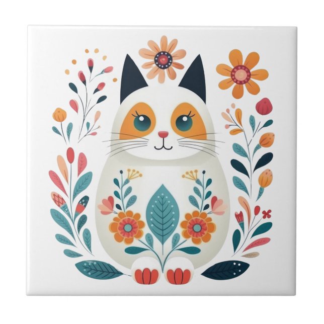 Carreau Chat aux fleurs blanches Hygge Scandinavian Folk A (Devant)