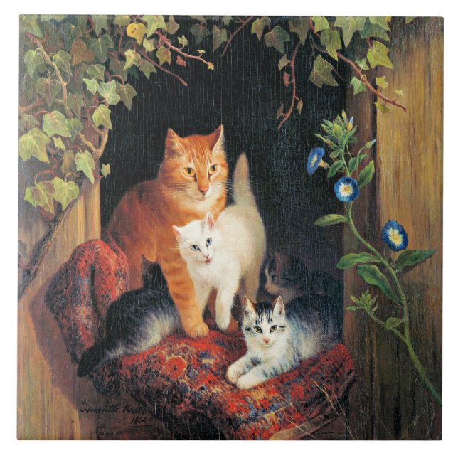 Carreau Chat avec chatons, peinture d'art, (Devant)