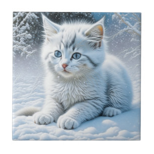 Carreau Chat blanc mignon jouant dans la neige