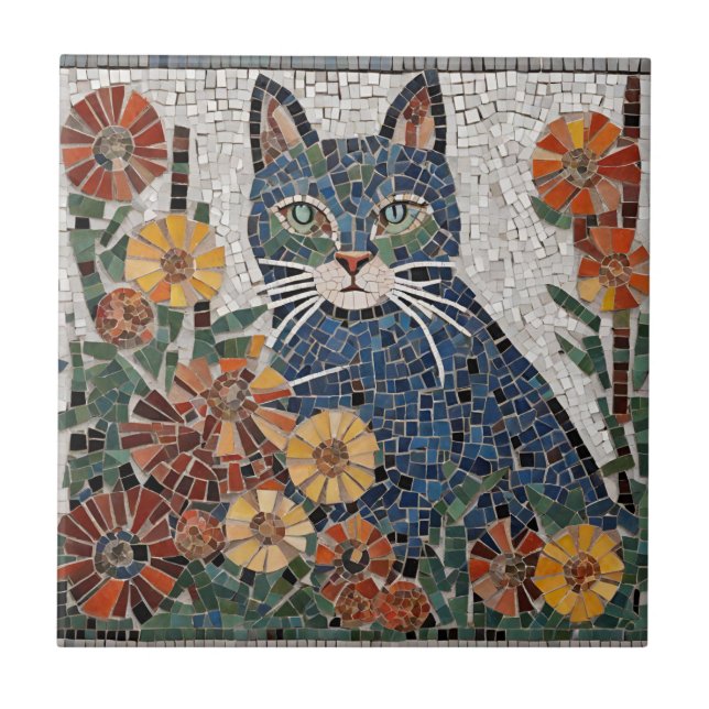 Carreau Chat Bleu avec Fleurs mosaïque Carrelée (Devant)