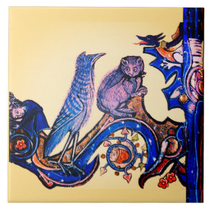 CARREAU CHAT BLEU BESTIAIRE MÉDIÉVAL WEIRD ET OISEAU CUCKO