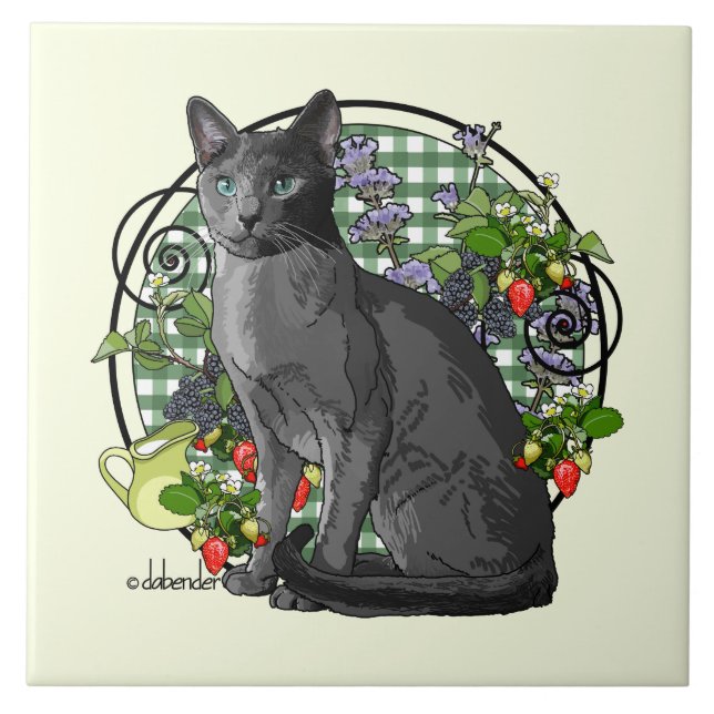 Carreau Chat bleu russe avec des baies (Devant)