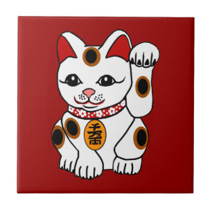 Carreau Chat de Maneki Neko sur l'arrière - plan rouge