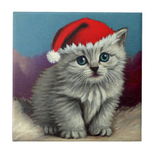 Carreau Chat de Noël Vintage à Santa Hat
