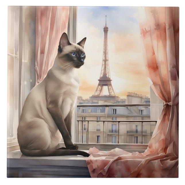 Carreau Chat de Siamese Relaxant sur la Fenêtre Parisienne (Devant)
