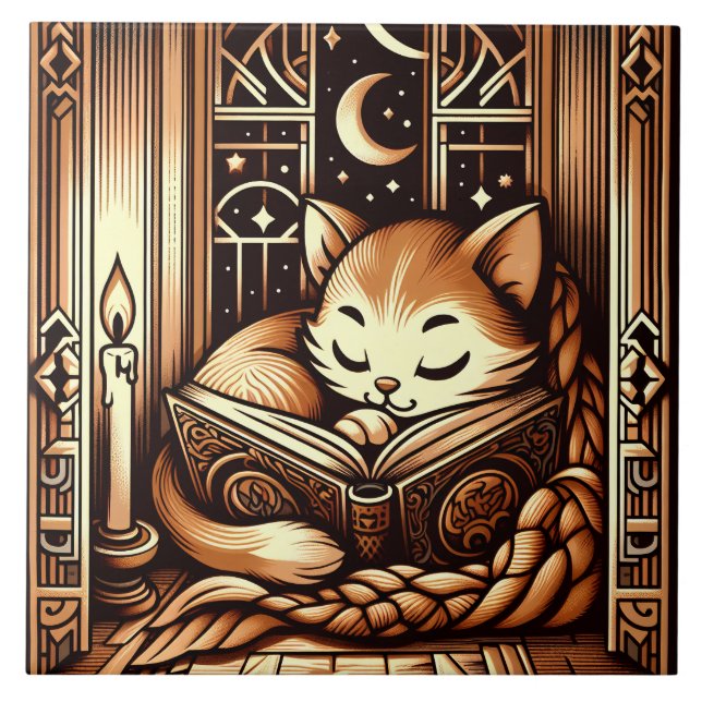 Carreau Chat De Style Art Déco Dormir Avec Livre (Devant)