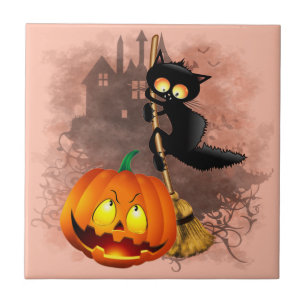 Carreau Chat effrayé par Citrouille Fun Halloween caractèr