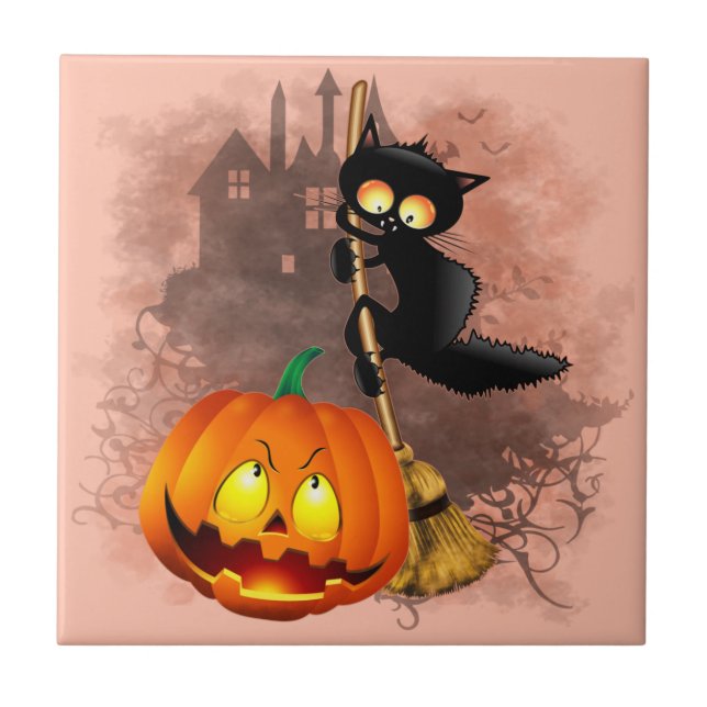 Carreau Chat effrayé par Citrouille Fun Halloween caractèr (Devant)