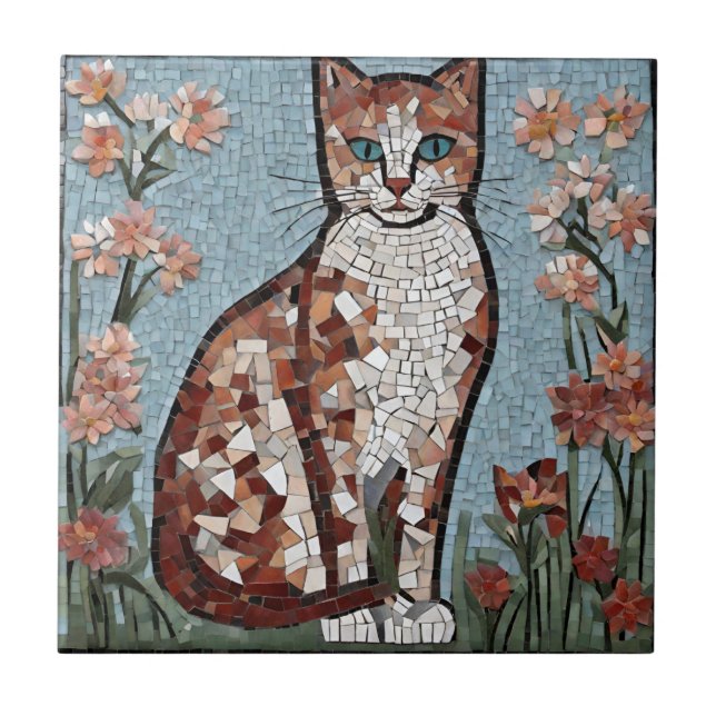 Carreau Chat en mosaïque carrelée dans le jardin fleuri (Devant)