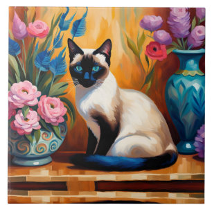 Carreau Chat et bouquets siamois dans Vases aquarelle
