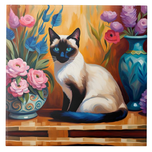 Carreau Chat et bouquets siamois dans Vases aquarelle (Devant)