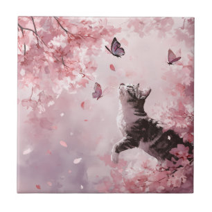 Carreau Chat Fleur de Cerisier et Papillons (7)