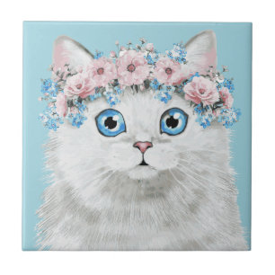 Carreau Chat floral blanc doux