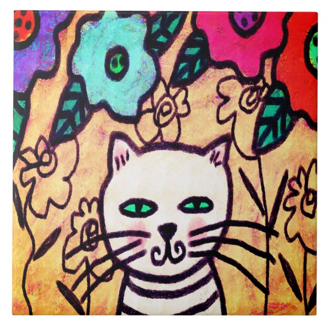 Carreau Chat funky avec fleurs Art Abstrait (Devant)