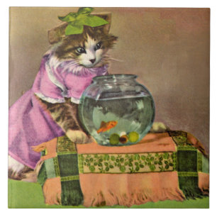 Carreau chat habillé et bol de poisson