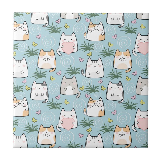 Carreau Chat Kawaii dans un Arrière - plan bleu ciel (Devant)