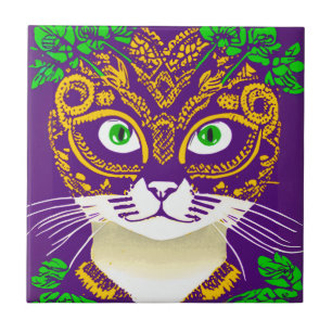 Carreau Chat mignon portant un Masque Mardi Gras