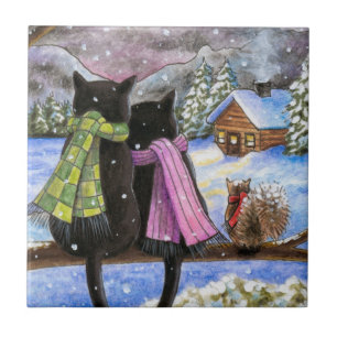 Carreau Chat noir 585 neige d'hiver Écureuil
