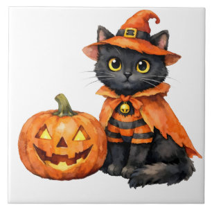 Carreau Chat noir à l'aquarelle en costume d'Halloween