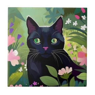 Carreau Chat noir assis dans un champ de fleurs