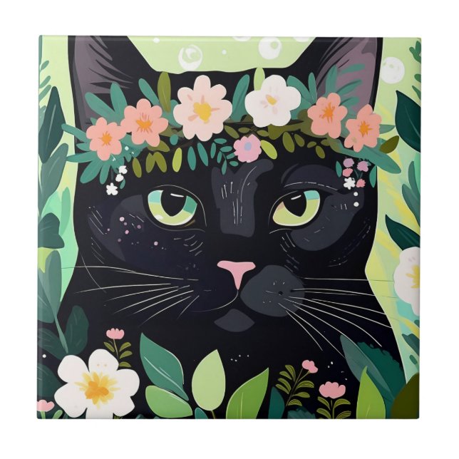 Carreau Chat noir avec couronne florale (Devant)