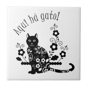 Carreau Chat noir avec fleurs et expression portugaise