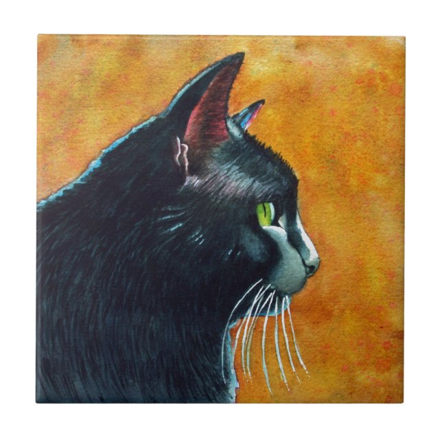 Carreau Chat noir en profil, chatons (Devant)