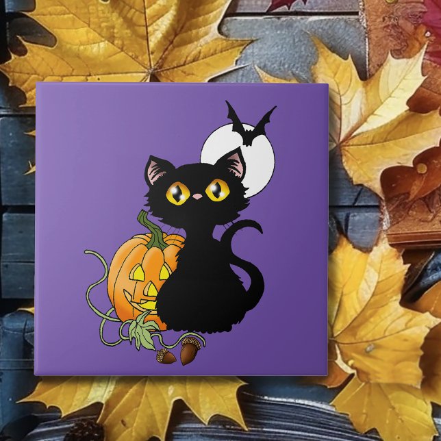 Carreau Chat noir mignon violet Halloween Citrouille (Créateur téléchargé)