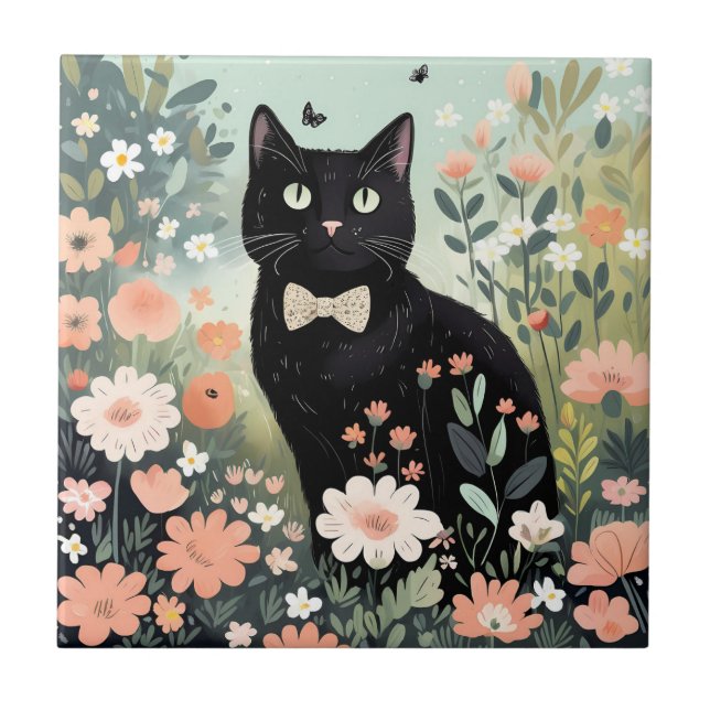 Carreau Chat noir portant une cravate arc assise (Devant)