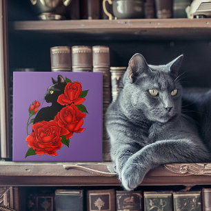 Carreau Chat noir Roses rouges pourpres