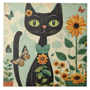 Carreau Chat noir, tournesol, papillons, art natif