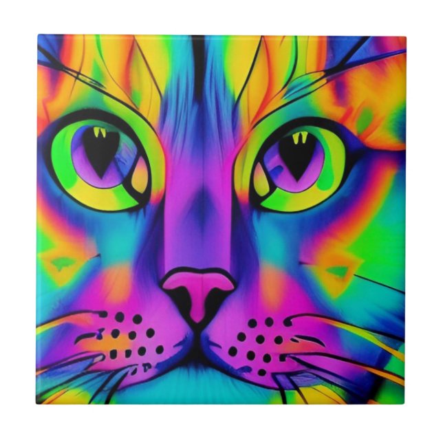 Carreau Chat psychédélique couleur violet fuschia vert (Devant)