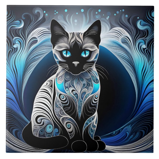 Carreau Chat siamois, noir bleu et blanc abstrait (Devant)
