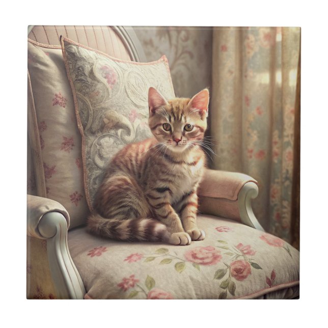 Carreau Chat sur une chaise (Shabby Chic) (Devant)