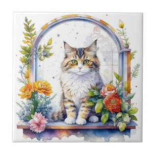 Carreau Chat Whimsical sucré en fenêtre de fleurs