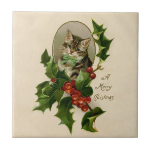 Carreau Chaton de Noël victorien au houx antique tabby