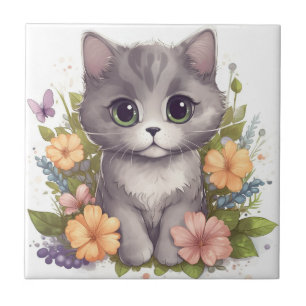 Carreau Chaton gris doux avec fleurs Kawaii Chibi