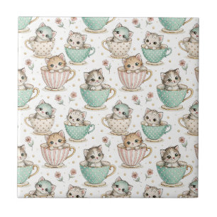 Carreau Chatons Mignons dans des Tasses à Thé - Motif de D