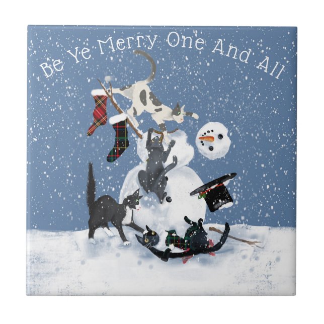 Carreau Chats amusants et bonhomme de neige personnalisé 4 (Devant)