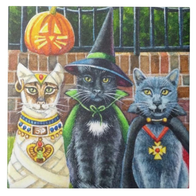 Carreau Chats d'Halloween en costume Aquarelle Art (Devant)