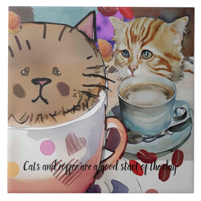Carreau Chats et café et texte personnalisé (Devant)