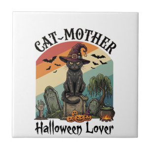 Carreau Chatte Mère Halloween Amant Chapeau de Sorcière No
