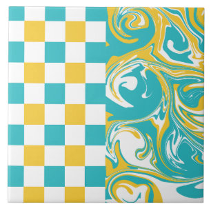 Carreau Chèques et permules en Turquoise, Jaune et Blanc
