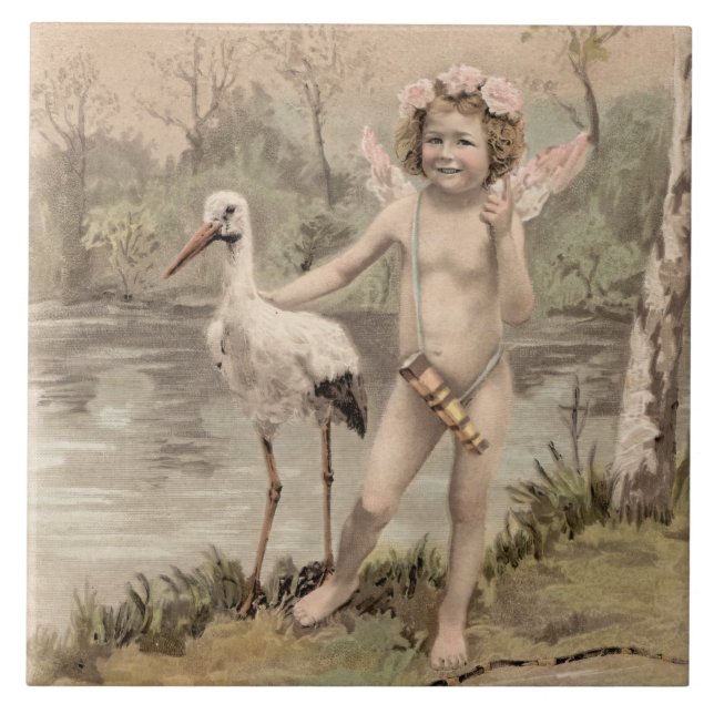 Carreau Cherub vintage avec cigogne près du lac (Devant)