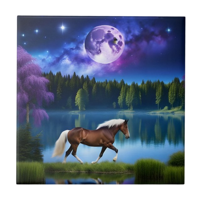 Carreau Cheval belge Palomino sous ciel étoilé violet (Devant)