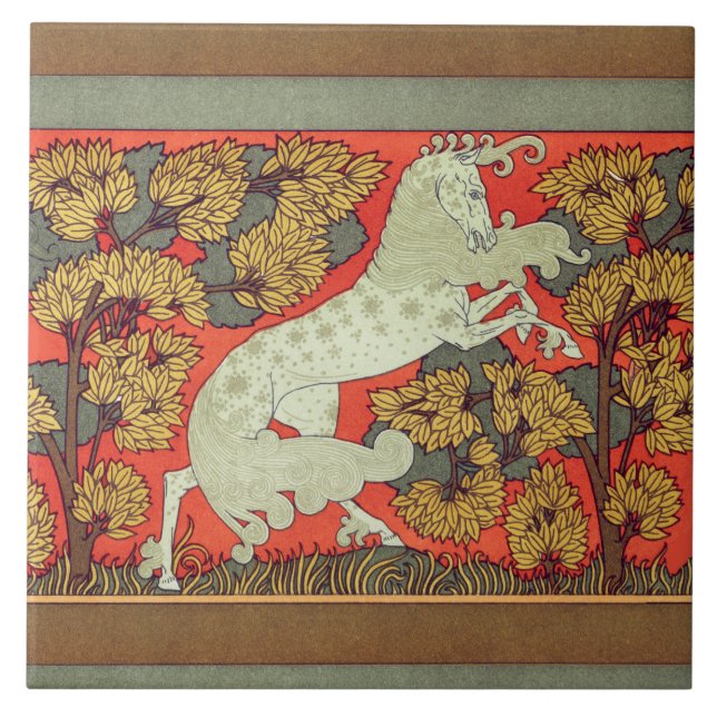 Carreau CHEVAL BLANC RAMPANT, ARBRES EN BOIS Art Nouveau (Devant)
