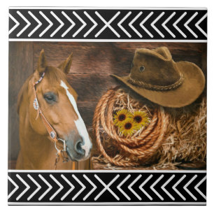 Carreau Cheval Cowboy Casquette Lasso Western Motif
