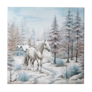 Carreau Cheval hiver scène neige forêt Noël