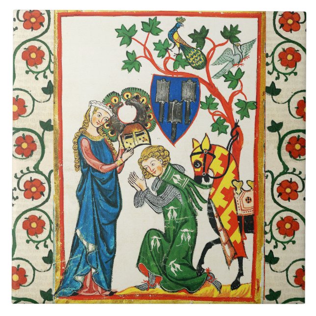 CARREAU CHEVALIER ARMÉ PAR SA FEMME, MINIATURE MÉDIÉVALE (Devant)