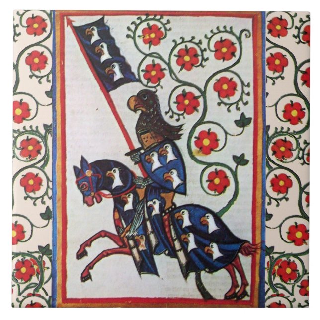 CARREAU CHEVALIER BLEU AVEC ROSES ROUGES MINIATURE MÉDIÉVA (Devant)